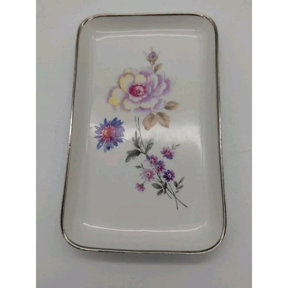 Vtg Guillen Madrid Floral Vanity Tray Silver Rim Rose Dianthus